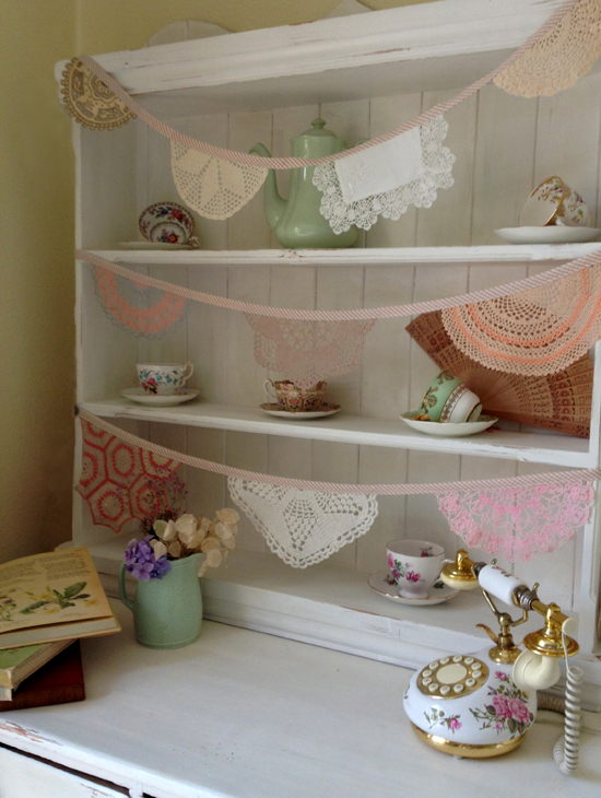 Daisies Blue Vintage Doily Bunting Old Dresser