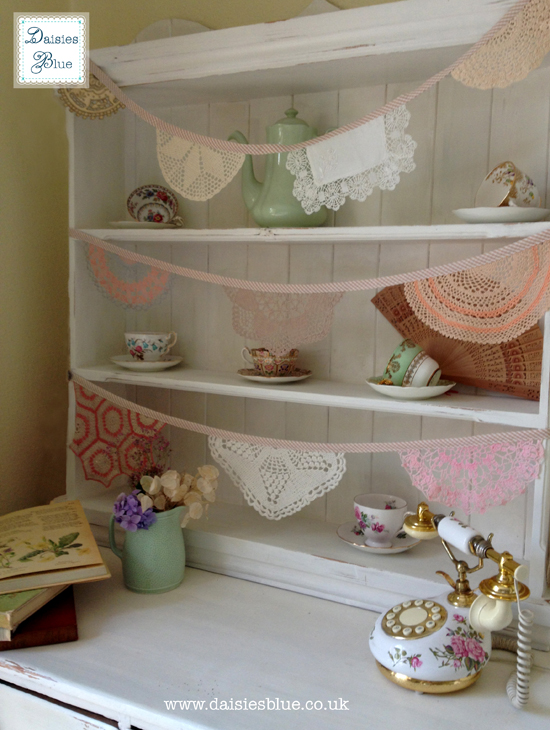 Daisies Blue Vintage Crochet Doily Bunting Dresser Copyright